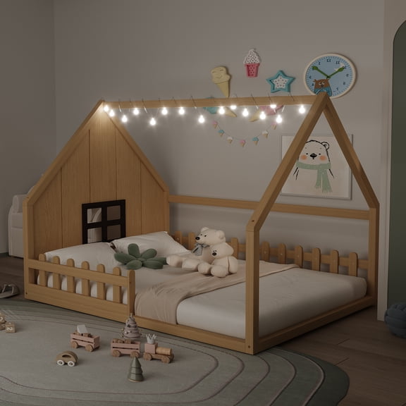 dokea Full Size Wood House Bed with Window & Fence - Natural