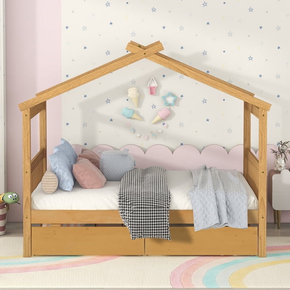 dokea Full Size Wooden House Bed with Drawers, Natural 79.5"L x 57.1"W