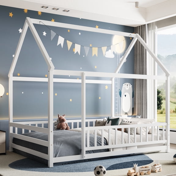 dokea Full Size Wooden House Floor Bed with Roof Frame