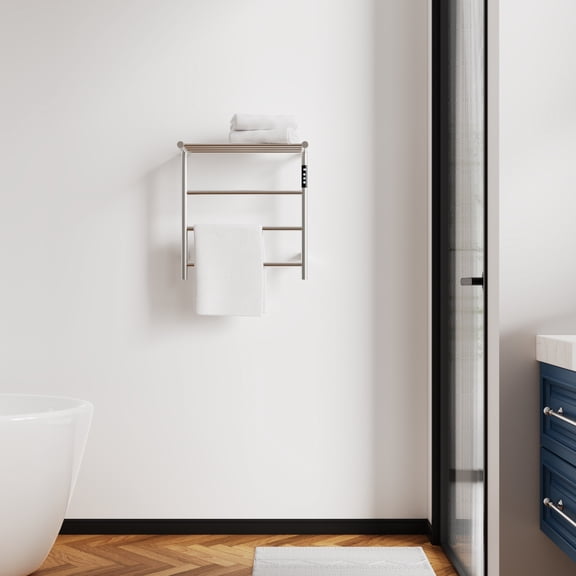 dokea Heated Towel Rack 3-Bar, Stainless Steel, with Top Shelf & Touch Timer