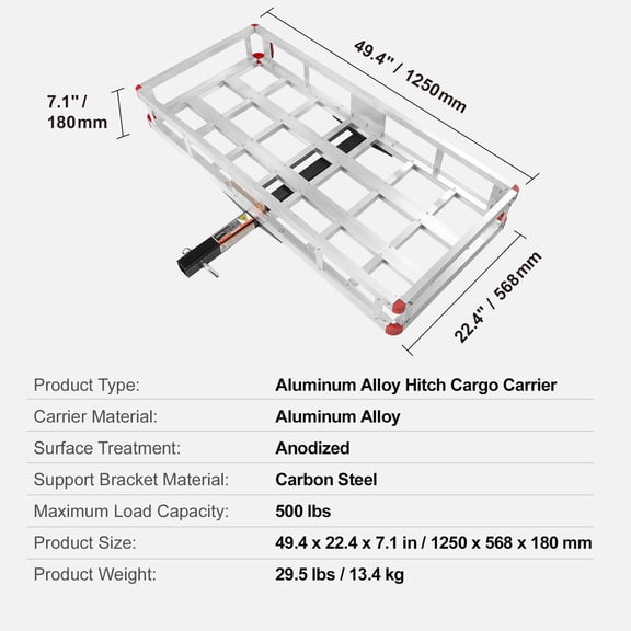 dokea Hitch Cargo Carrier - 49.4 x 22.4 x 7.1" Aluminum, 500lbs, 2" Hitch Receiver