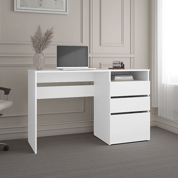 dokea Kenai 3 Drawer Computer Desk, One Shelf, White - Office Desk, Storage