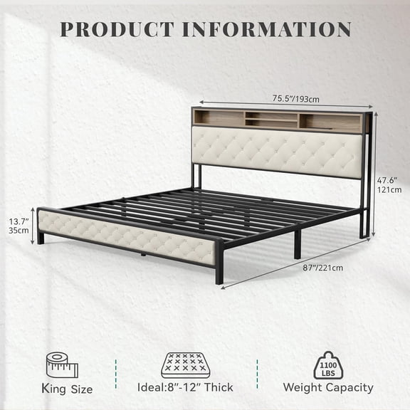 dokea King Size Platform Bed Frame - Beige with Charging Station