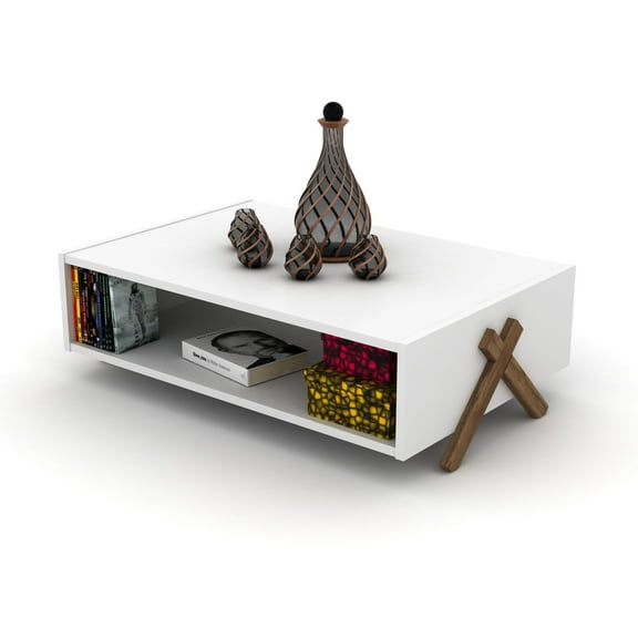 dokea Kipp Cross Legs Coffee Table - Walnut/White - 47.24" Rectangular with Shelves - Coffee Tables