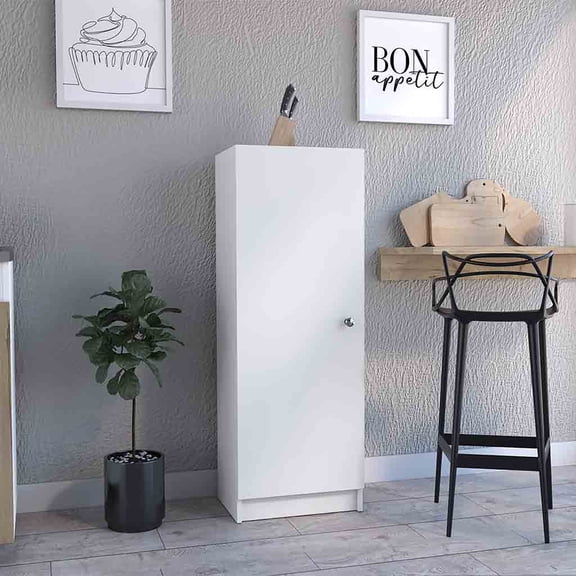 dokea Kitchen Pantry Cabinet - 47" H, 1 Door, 4 Shelves, White Storage Cabinet