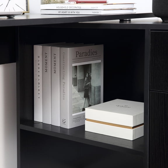 dokea L Shaped Computer Desk - 180 Rotating Corner Desk with Storage - Black