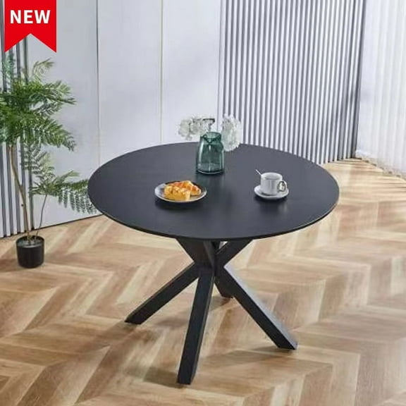 dokea Mid-Century Dining Table - 42.1" Round MDF Top, Black Metal Pedestal - For 4-6 People