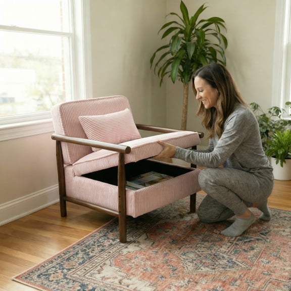 dokea Mid Century Modern Accent Chair - Pink with Wood Frame & Storage Seat