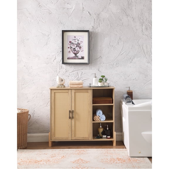 dokea Mid-Century Modern Storage Cabinet - Rattan Doors, Open Shelves, Adjustable - Living Room, Dining Room