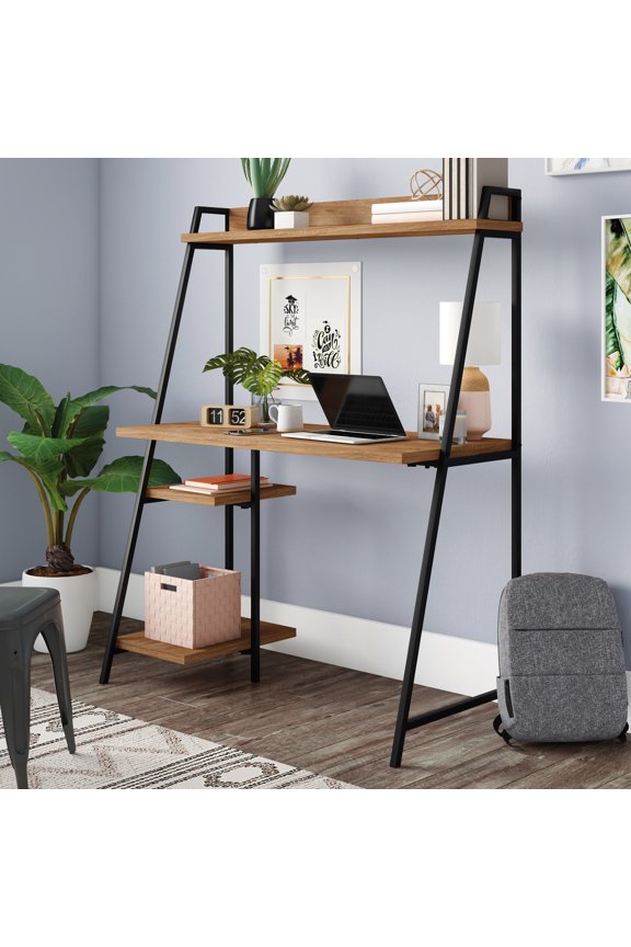 Modern Computer Desk with Hutch, Brown Finish - Storage Shelf Office Desk