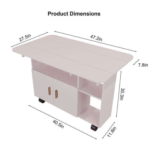 dokea Modern Movable Folding Dining Table, White, Drop Leaf, Wheels, with Drawer