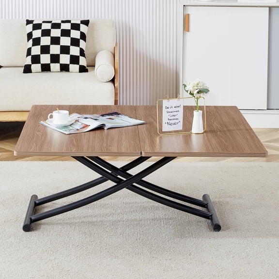 dokea Modern Multifunctional Lifting Table - Black Metal, Wood Grain End Tables
