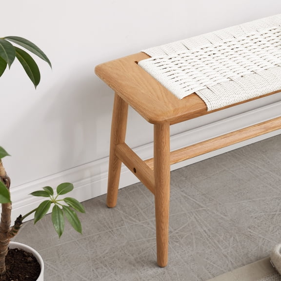 dokea Natural Oak Wood Dining Bench - White Cane Seat