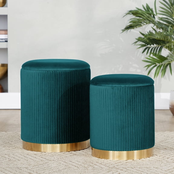 dokea Nesting Pleated Ottoman Set - Gold Metal & Peacock Teal Velvet - 2 Ottomans