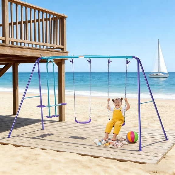 dokea Outdoor Swing Set, Metal Swing Set - 2 Swings + Glider, Dark Blue & Purple, 110L