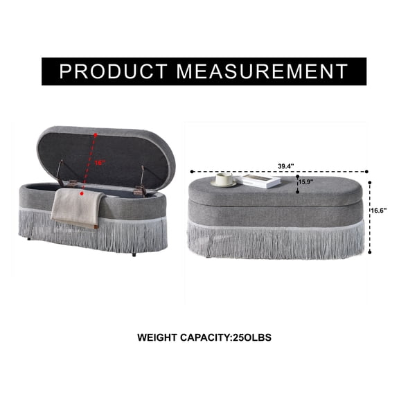 dokea Oval Storage Ottoman - 39L x 16W - Grey Fabric with Metal Frame