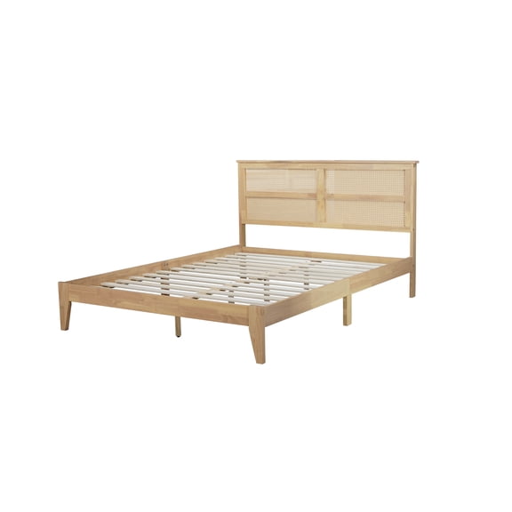 dokea Queen Size Rubber Wood Bed with Rattan Headboard
