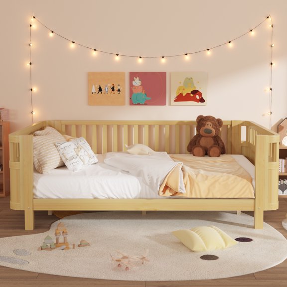 dokea Queen Size Wood Platform Bed with Rails Natural Color