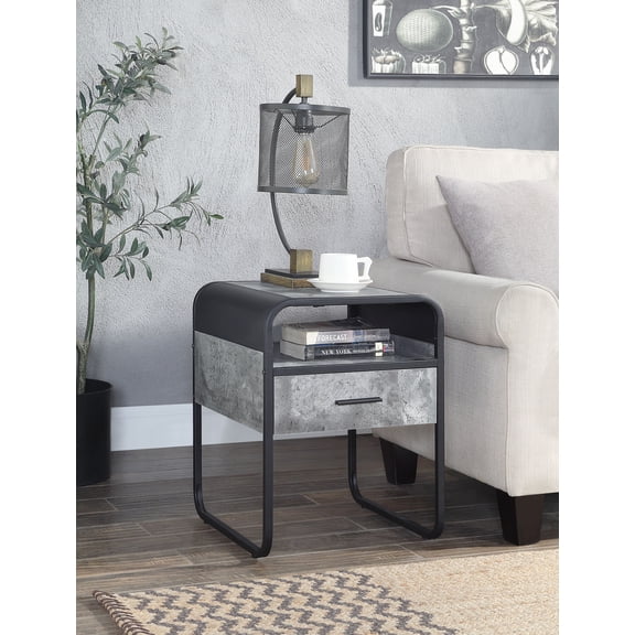 dokea Raziela Concrete Gray & Black End Table with Drawer - 15"L x 17"W - End Tables