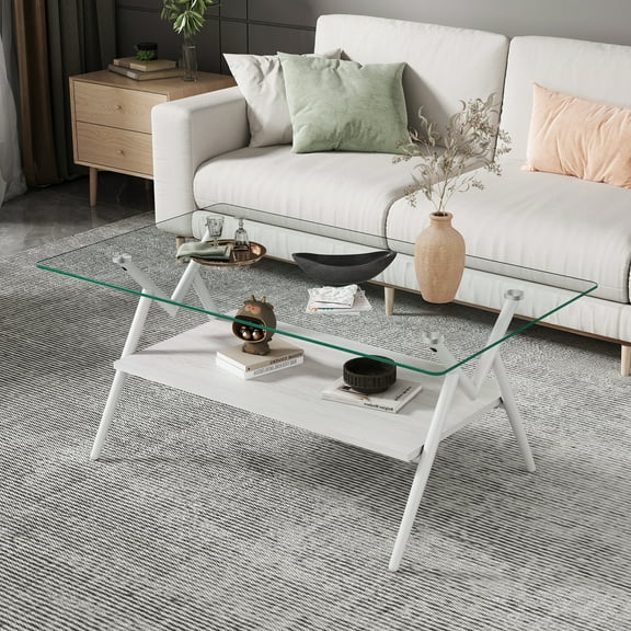 dokea Rectangle Coffee Table - Tempered Glass Top, White Metal Legs - Modern Design - Coffee Tables
