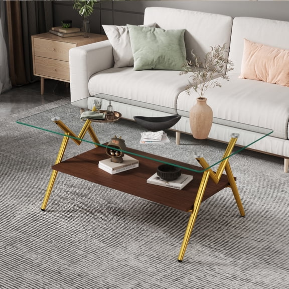 dokea Rectangle Glass Coffee Table with Golden Metal Legs, Modern Living Room Table Transparent Glass