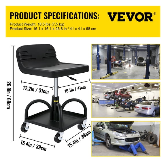 dokea Rolling Garage Stool - 300LBS, Adjustable Height, Black