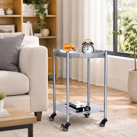 dokea Round Wheels Side Table - 2-Tier Silver Metal Nightstand - Nightstands