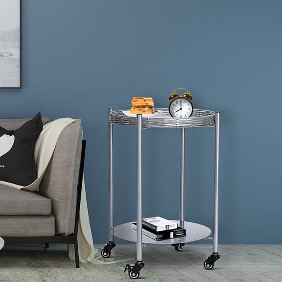 dokea Round Wheels Side Table - 2-Tier Silver Metal Nightstand - Nightstands