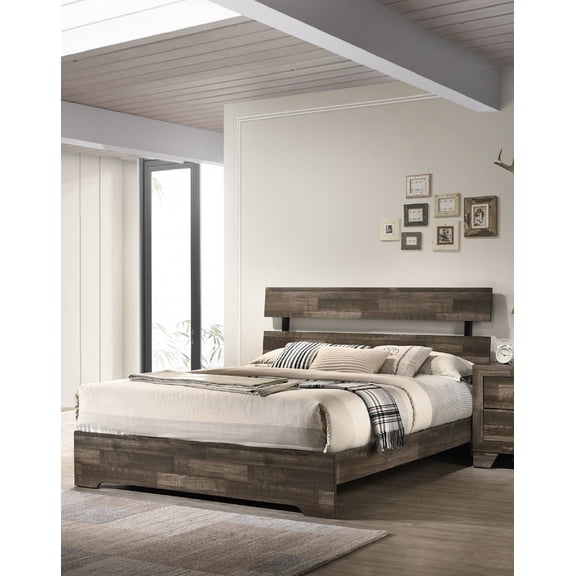 dokea Rustic Queen Platform Bed Frame - Brown Finish, Low-Profile Headboard 82.5 x 62.2