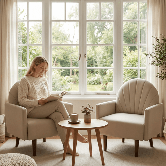 dokea Shell Shaped Armchair - PU Leather - Cream Apricot - Wooden Legs