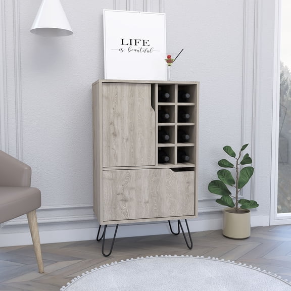 dokea Silhill L Bar Cabinet - 8 Wine Cubbies, Light Gray Finish - Storage Cabinet