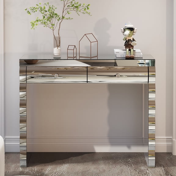 dokea Silver Mirror Console Table - 2 Drawer Dressing Table, Living Room Hallway - Console Tables