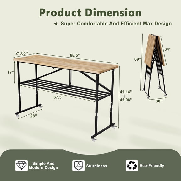 dokea SmartFold Heavy-Duty Folding Butcher Block Workbench - 68.5" Portable Table