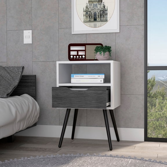 dokea Smokey Oak / White Nightstand - 25H - 4 Legs - Open Shelf & Drawer