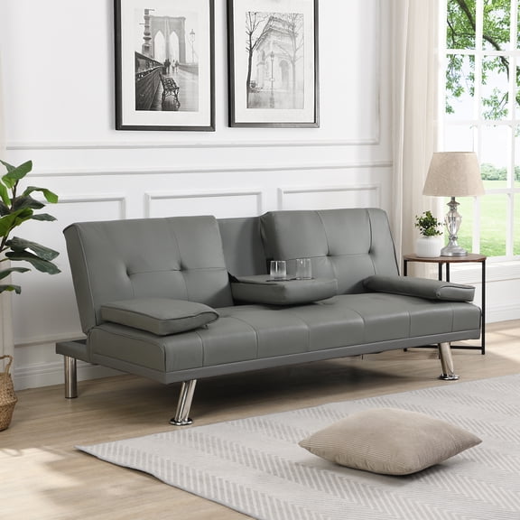 dokea Sofa Bed with Armrest, Grey Futon - 2 Holders, Wood Frame, Stainless Leg