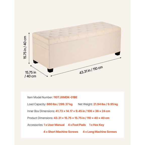 dokea Storage Ottoman Bench - Button-Tufted Linen Beige - Large Side Bag Storage