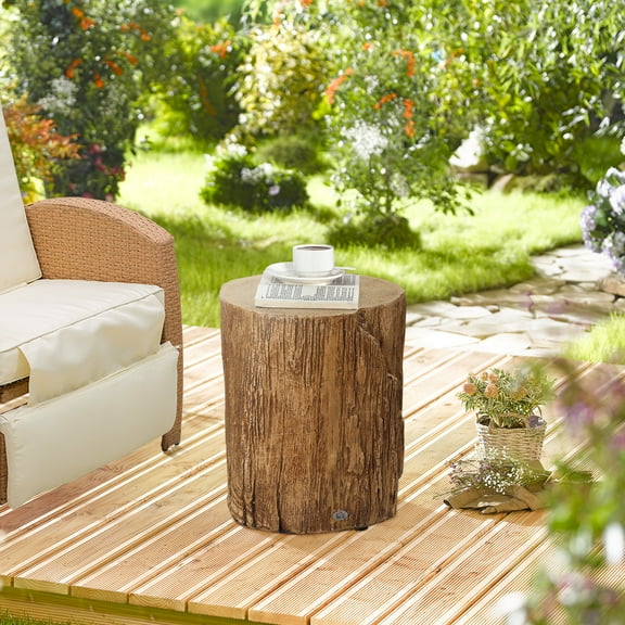 dokea Tree Stump Stool - Concrete Side Table, Natural Wood Finish - 14.5" Diameter
