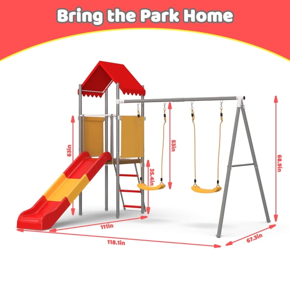 dokea Treehouse Swing Set with Slide  3-8 Kids, Metal & Plastic, Canopy, Belt Swings