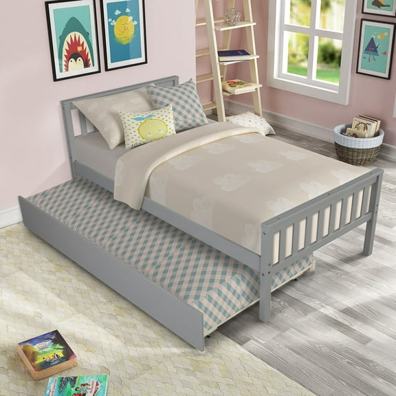dokea Twin Bed with Trundle Platform Bed Frame, Grey - No Box Spring Needed