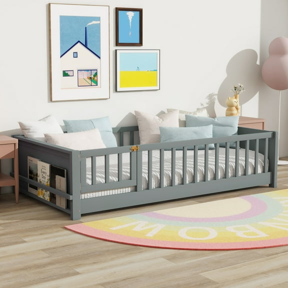 dokea Twin Size Floor Bed with Book Rack, Grey - Safe & Durable Design - Beds, Frames And Bases