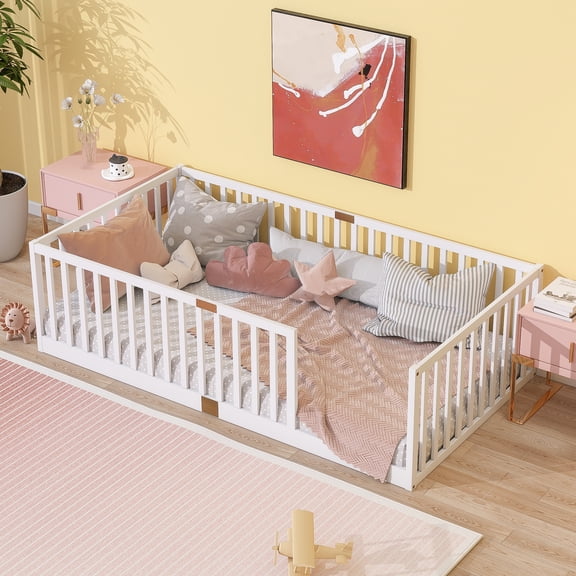 dokea Twin Size Floor Bed with High Fence, White Rubber Wood