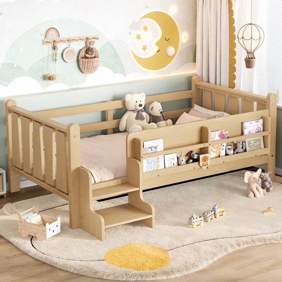 dokea Twin Size Floor Bed with Storage Bookcases, Light Natural
