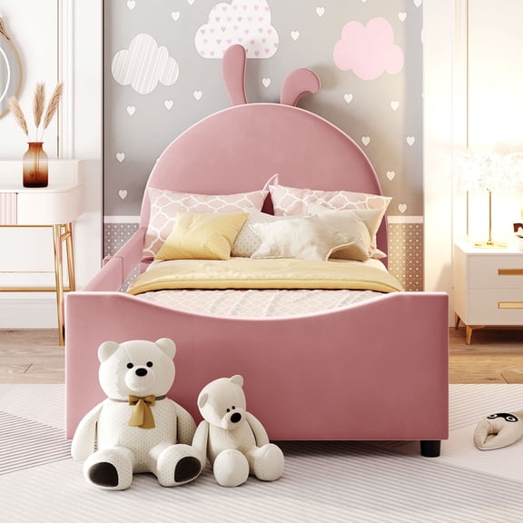 dokea Twin Size Upholstered Daybed, Pink with Rabbit Ear Headboard - 78.8" L x 41.3" W x 48" H