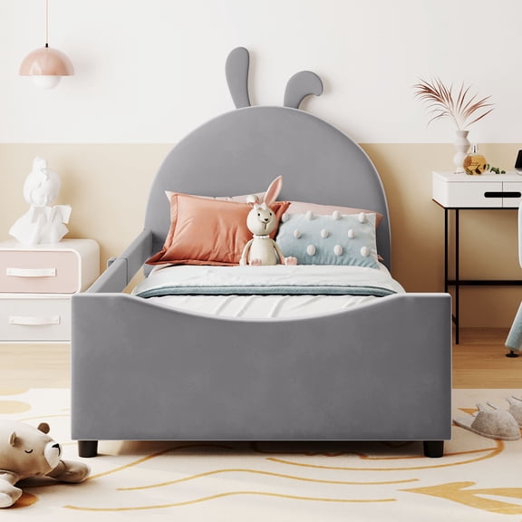 dokea Twin Size Upholstered Daybed with Rabbit Ear Headboard, Gray 78.8L x 41.3W x 48H