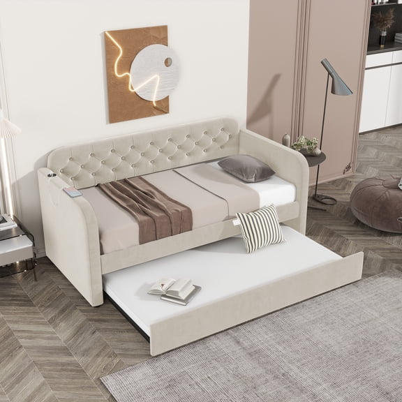 dokea Twin Size Upholstered Daybed with Trundle - Light Beige Velvet