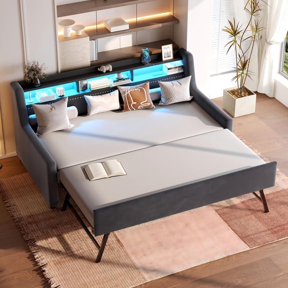 dokea Twin Size Velvet Daybed with Trundle - LED Light & Charging