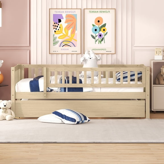 dokea Twin Size Wood Daybed with Trundle & Guardrails - Natural