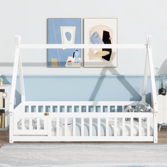 dokea Twin Tent Bed with Guardrails, White Teepee Design, 7 Slats