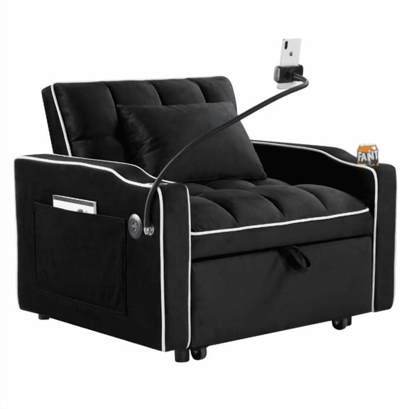 dokea Velvet Foldable Sofa Bed - 3 Lengths, USB & Phone Stand Black