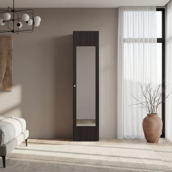 dokea Wardrobe 67" H Dark Walnut with Mirror & Storage - Beds, Frames And Bases